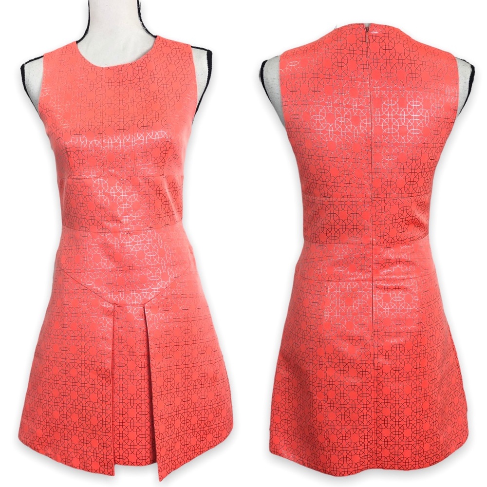 Vintage Retro Mod Inspired Sleeveless Fit and Flare A-Line Coral Silver Dress